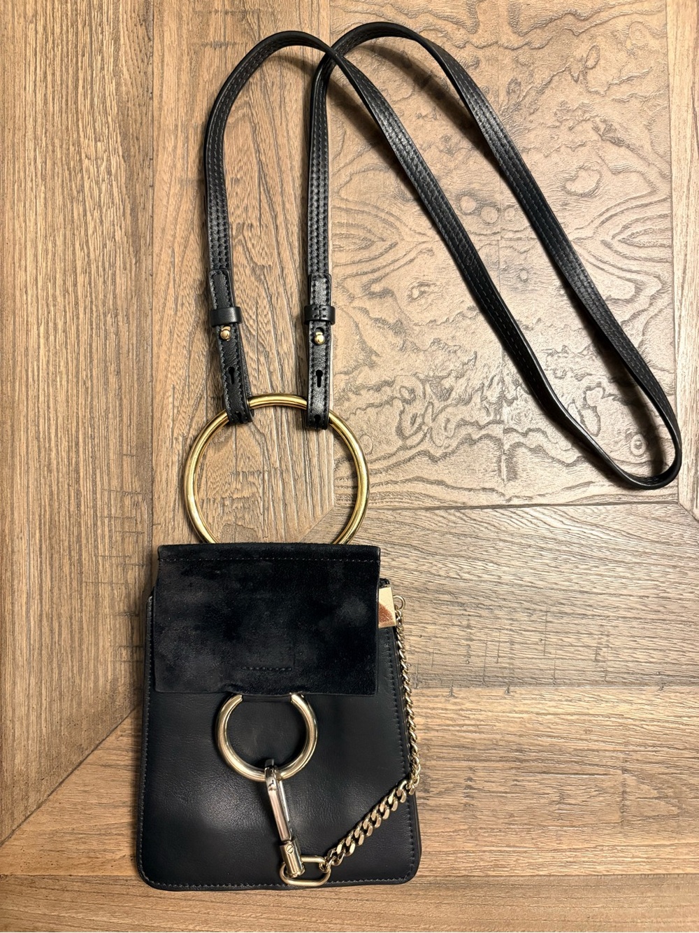 Chloe Faye Bracelet-Style Black Leather/Suede Mini Crossbody Bag w/Gold Hardware